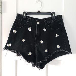 SHEIN Black Jean Shorts with Floral Embellishments